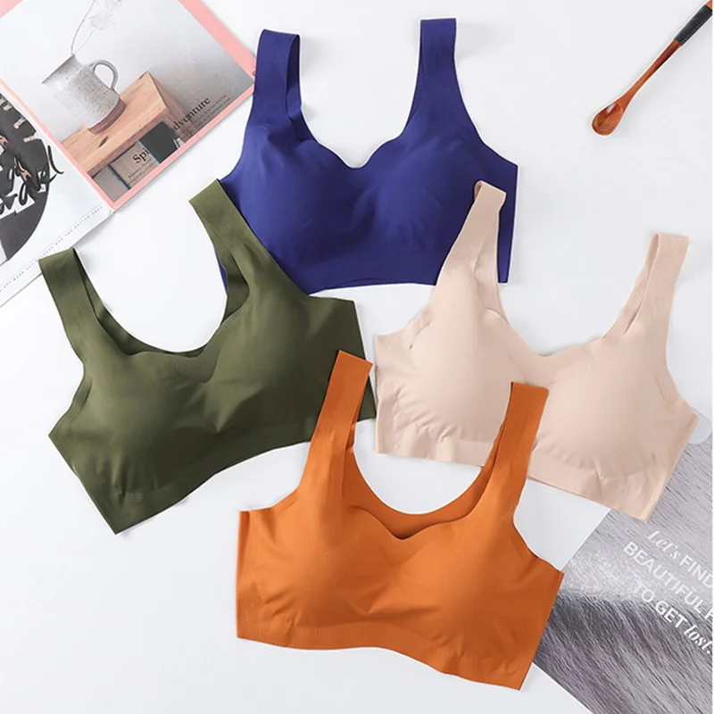 

Ice Silk Seamless Vest Bras Women Soft Thin Push Up Underwear Comfortable Sleep Top With Chest Padded Sports