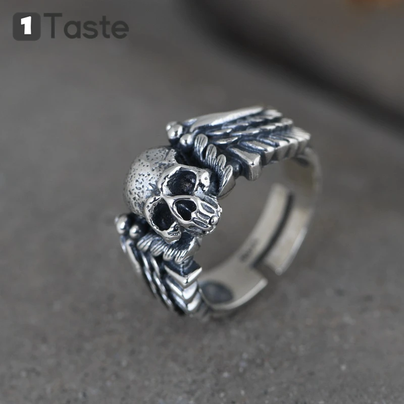 

ONE TASTE 925 Sterling Thai Silver Skull Wing Men's Ring Fine Jewelry Hiphop Punk Rock Trendy Skeleton Open Rings Party Gift