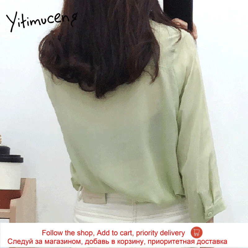 

Yitimuceng Green Blouse Women Button Up Casual Oversized Shirts Long Sleeve Unicolor 2021 Spring Summer Korean Fashion New Tops