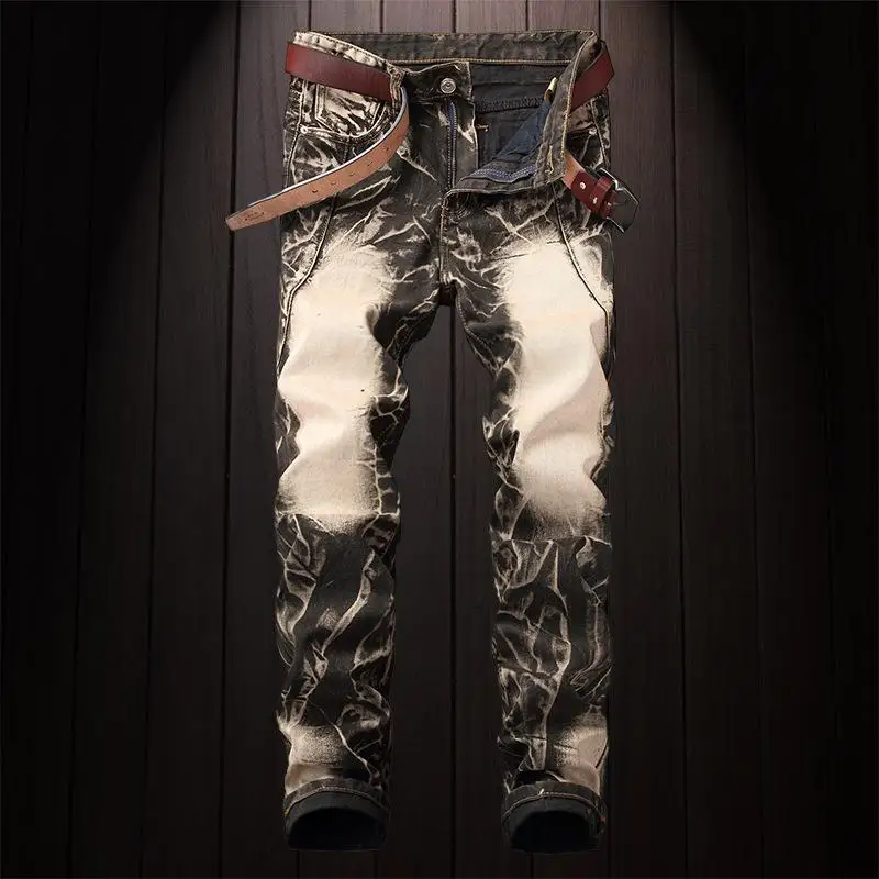 

Men's Jeans Light Color Stretch Motorcycle Pants Hole Jeans Trend Men's Wrinkle Multi-pocket Trousers