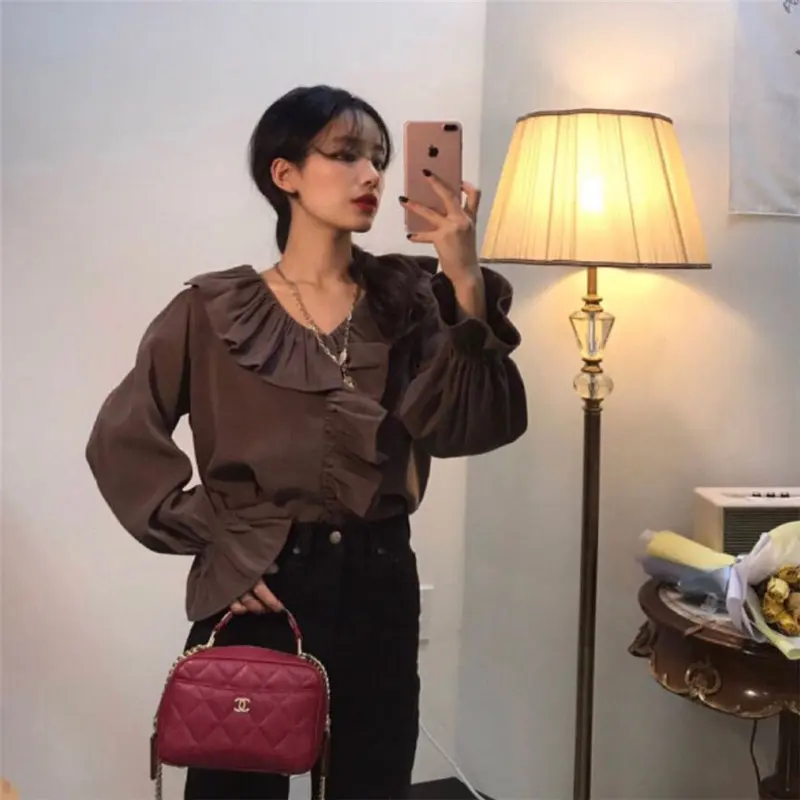 

Alien Kitty 2020 All-Match Elegance Ruffles V-Neck Tops Flare Sleeves Chic Loose Solid Sweet High Quality Casual Female Shirts