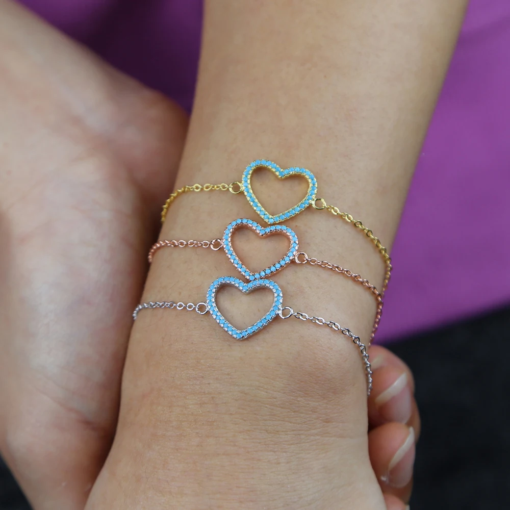 

New blue turquoises heart Charm Bracelet 2021 for Valentine' day gift 925 sterling silver dainty delicate link chain bracelets