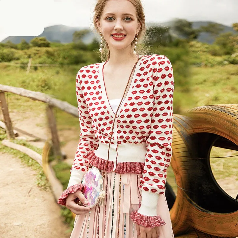 

Женский жаккардовый кардиган с V-образным вырезом и высокой талией