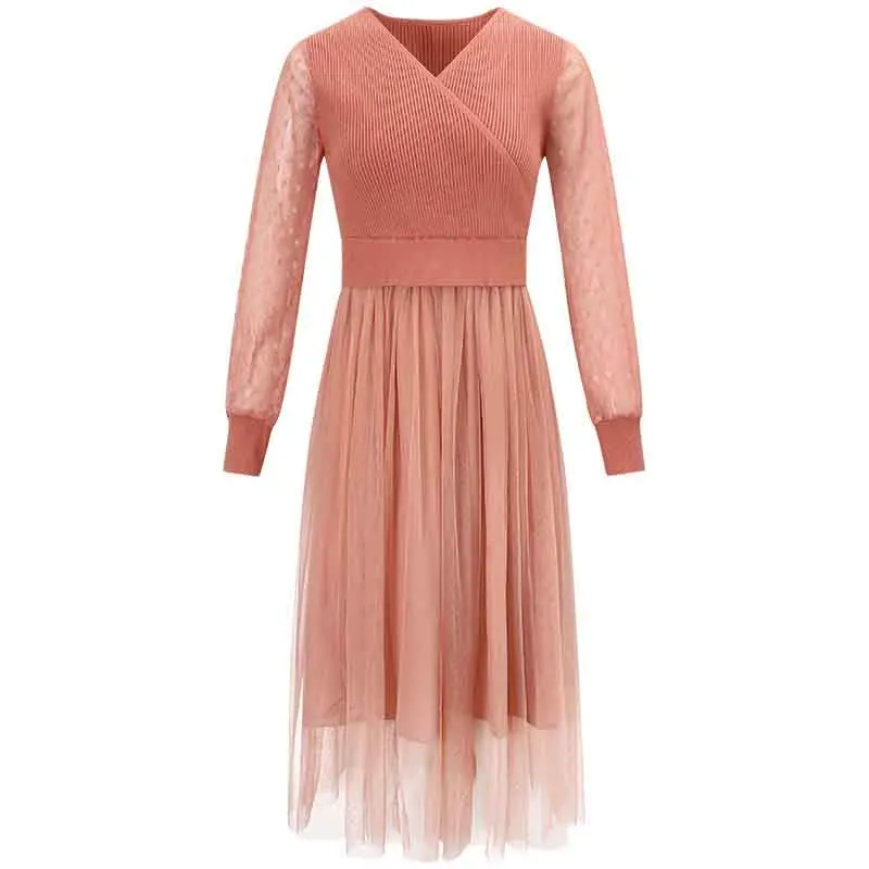 Элегантный свитер платье Осень Зима V воротник женский темперамент вязаный