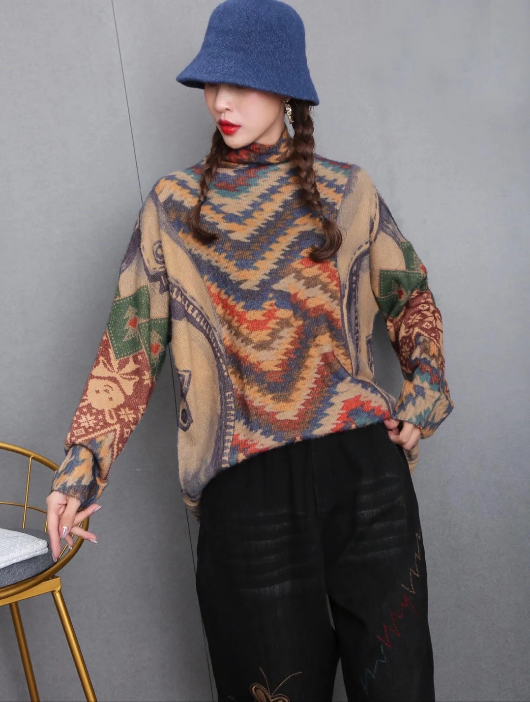 

Women Turtleneck Sweater Autumn Winter Vintage 2020 Imitated Mink Wool Personality Print Oversized Knitted Pullovers Warm