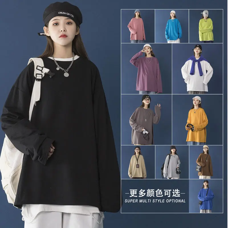 

Женская футболка с длинным рукавом, Однотонная футболка в Корейском стиле, весна-осень 2021