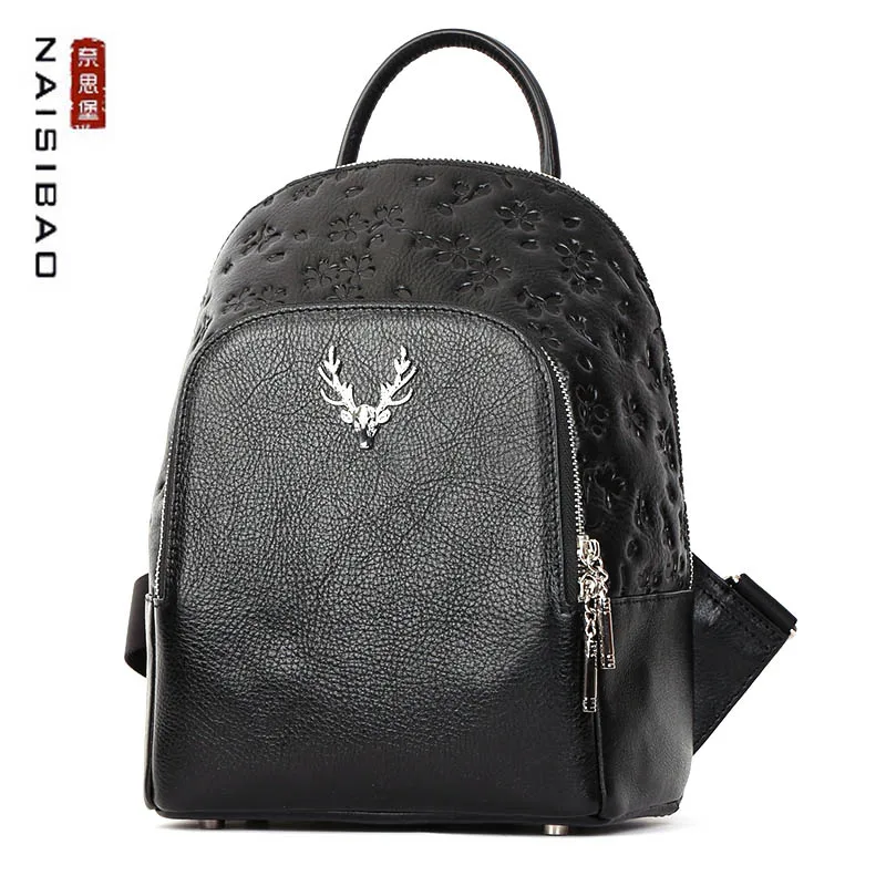 

NAISIBAO 2021 New Women's backpack Real Cowhide Leather Backpack Quality Embossed bag Luxury Designer Women Backpack