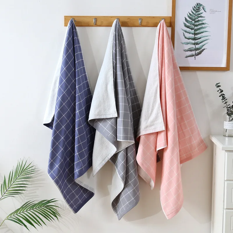 

70x140cm Gauze Cotton Plaid Simple Soft Absorbent Double-Sided Terry Bathroom Adult Bath Towel