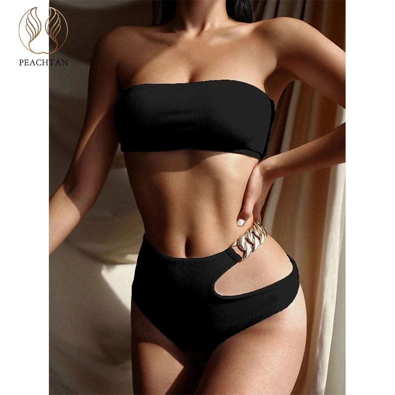 

2021 new High waist swimwear female Chain swimsuit women Bandeau 2 pieces set Sports bathing suit Ribbed bikini