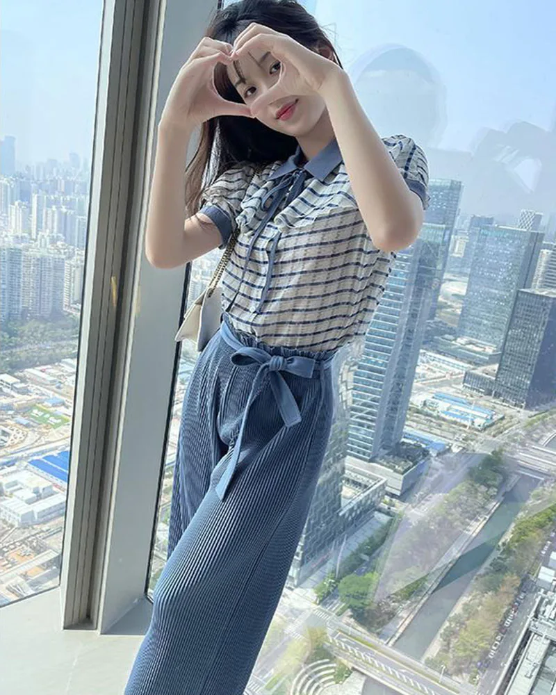 

Fashion Sweet Plaid Two Piece Set Women New Loose Stripe Breathable Wide Leg Pants Suit Korean Casual Office Knitting Suit