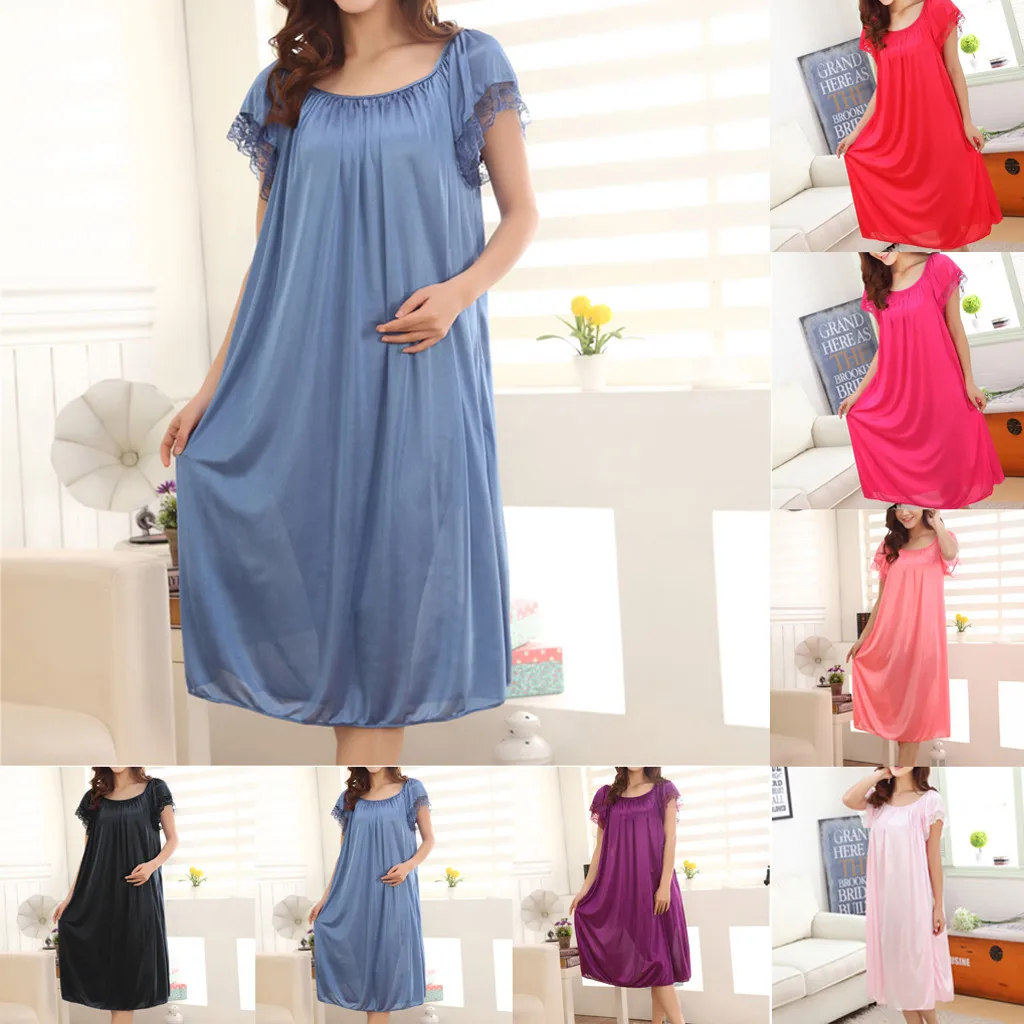 

Oversize Nightgown Women Casual Solid Nightdress Lce Silk Short Sleeve Loose Sleepwear O Neck Elastic Folds Nightie Babydoll
