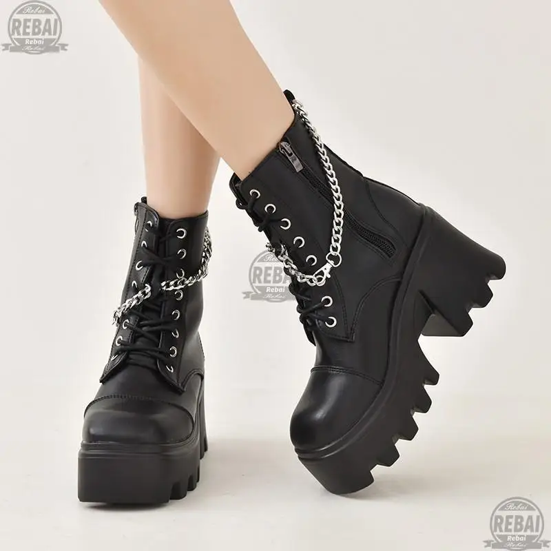 

Woman Autumn Boots Chain Women's Platform Microfiber Black Ankle Party Chunky Punk Goth Shoes Ladies Side Zipper Platform Boots