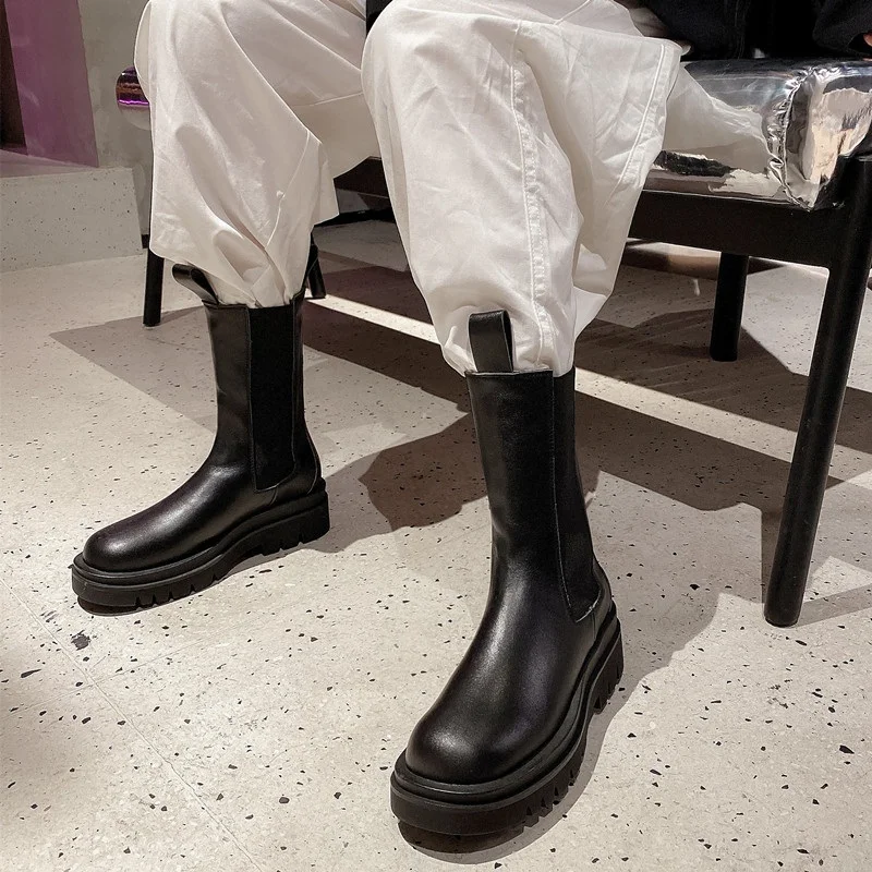 

New Autumn Winter Women Short Boots Fashion Genuine Leather Thick Bottom Heighten Shoes Casual Cool White Black Chelsea Boots 39