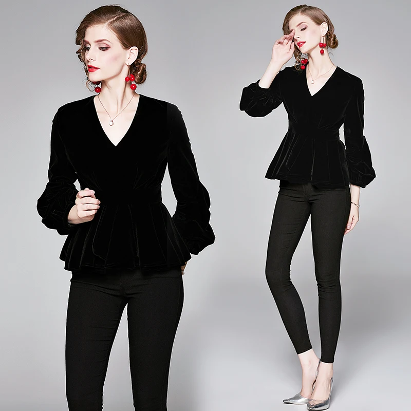Женские осень зима черный бархат рубашки в винтажном стиле с v образным вырезом и