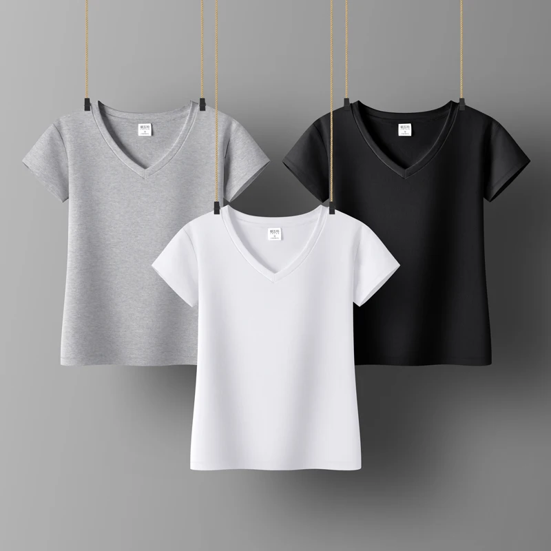 

Women Soft Cotton T-shirt V-NECK Solid color Lady Tees Short Sleeve Summer Women's clothings All match Female T-shirts