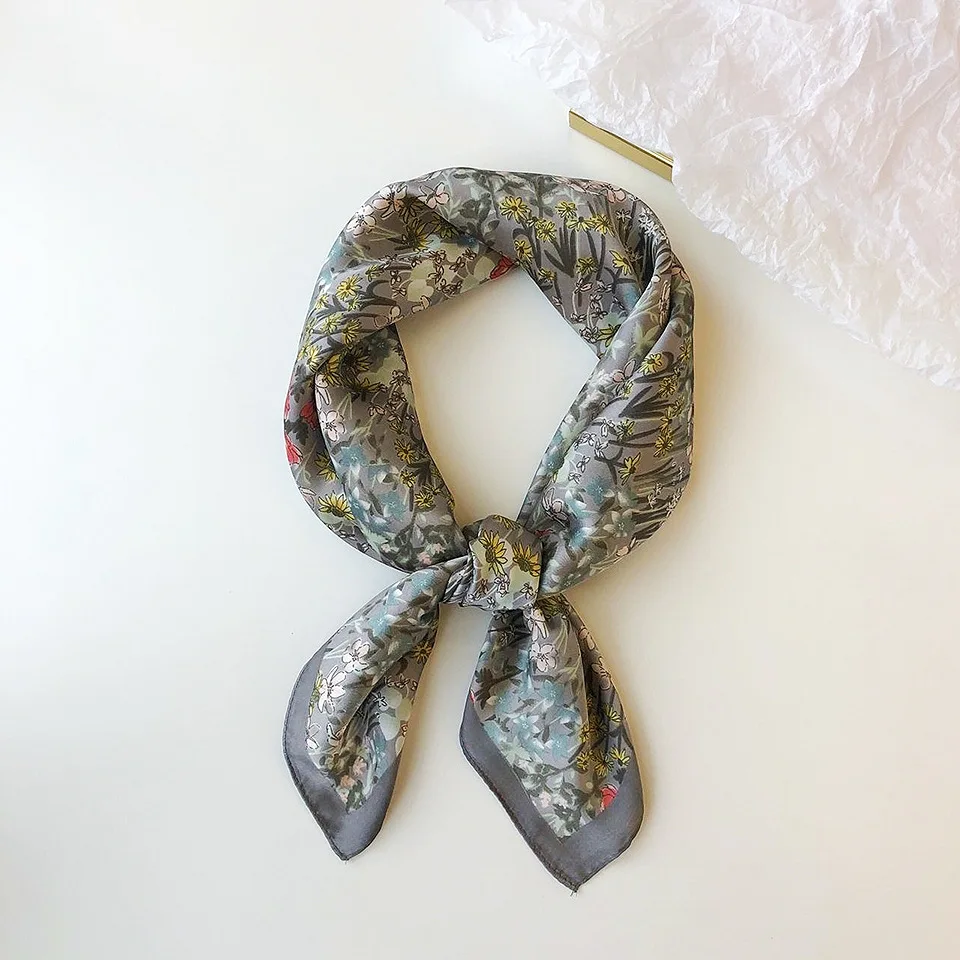 

Luna&Dolphin New Spring Women Square Scarf 70*70cm Pink Flower Print Small Silk Scarf Handle Bag Ribbon Chiffon Hijab Headband