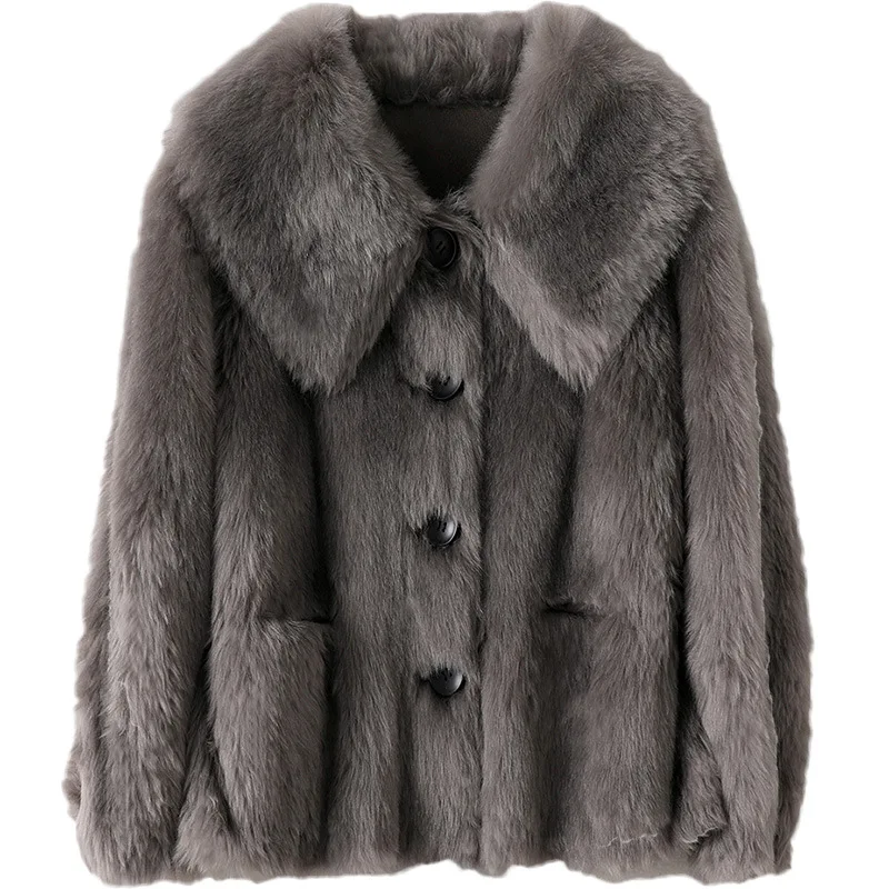 New Grain Sheep Shearer Women's All Wool Fur Coat In The Spring of 2021 Loose Turn Down Collar Real Thick Warm Fur Jacket