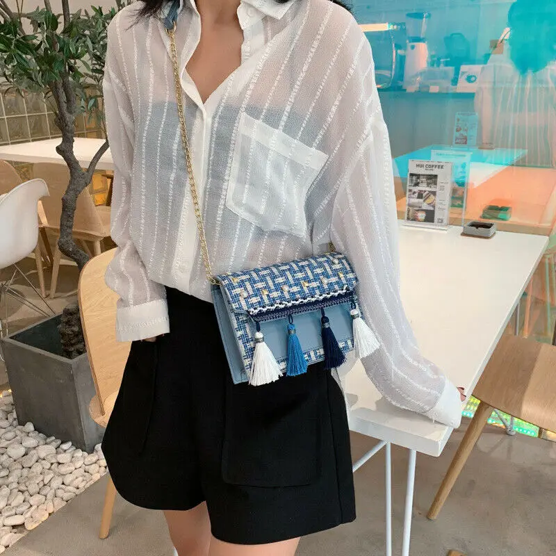 Женская Плетеная соломенная сумка с кисточкой и жемчужным декором сумочка из