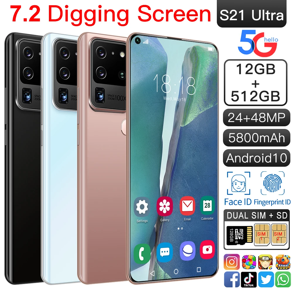 

Galay S21 Ultra Smartphone Android 10 512GB Smart Phones Unlocked 5G 7.2 HD Inch Mobile Phoens 5800mAh Cell Phone Global Version