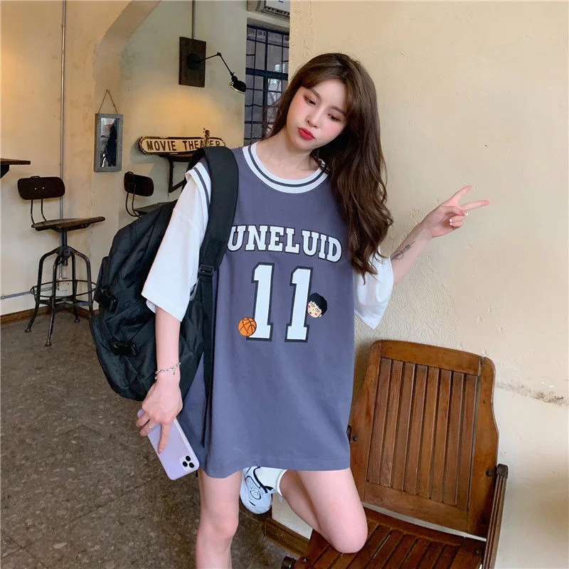 

New 2021 T Shirt For Women Long Patchwork Basketball T-shirt Female White Jersey Short Sleeve Student Korean Loose Summer Top