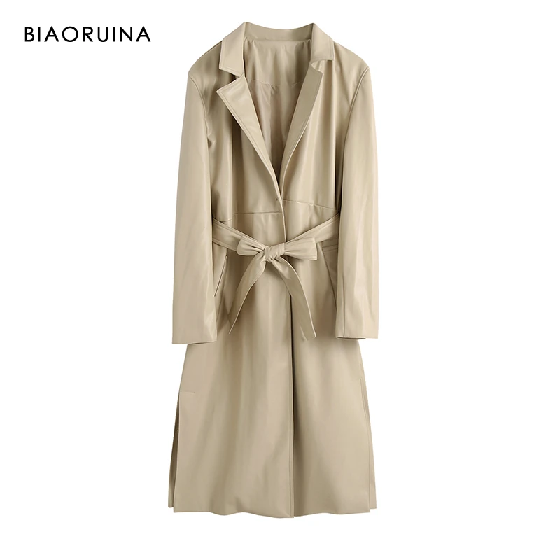 Женское длинное пальто BIAORUINA свободное элегантное цвета хаки из искусственной