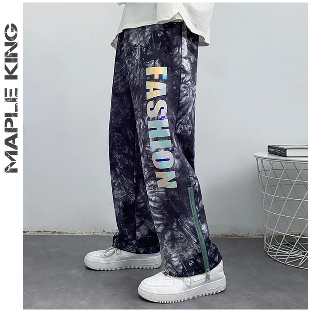 

Harajuku Joggers Wide Leg Sweatpants For Men Clothing 2021 High Street Colorful Letters Printed Hip Hop Zipper Joggers Trousers