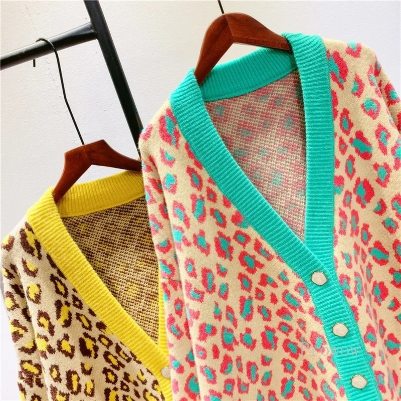 

Leopard Oversized Cardigan Long Knitted Jacket Women Contrast Color V-neck Thick Sweater Coat Korean Loose Long Cardigan Women