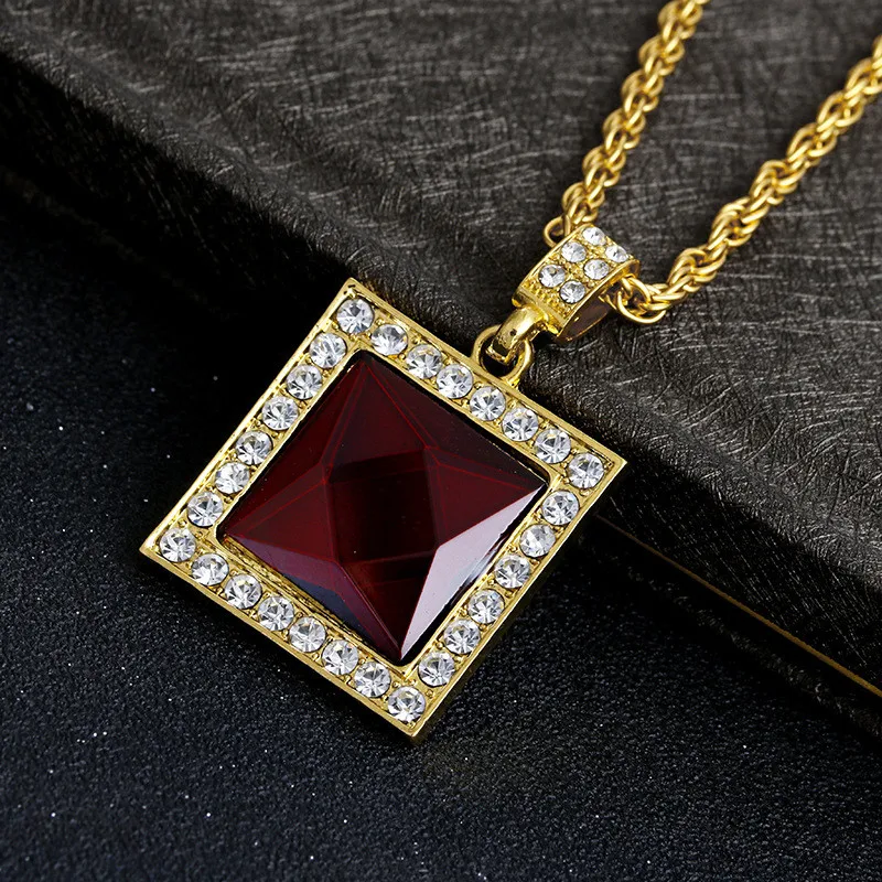 Мужское ожерелье в стиле хип хоп со льдом квадратное с кулоном из Красного камня