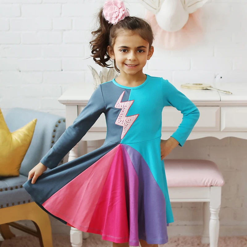 Платье с длинными рукавами для девочек вышивкой небесно-голубое повседневное 2020