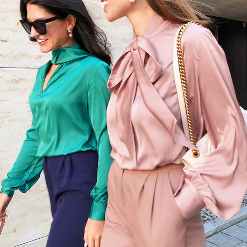 Новинка 2020 женская зеленая блузка с длинным рукавом модные топы со шнуровкой на