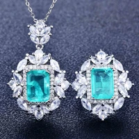 luxury silver color square paraiba tourmaline gemstone imitation pendant necklace ring engagement wedding jewelry sets party