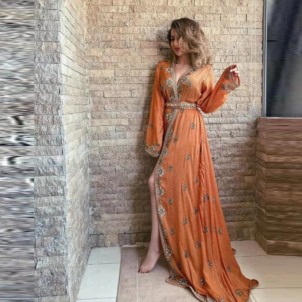 

Moroccan Kaftan Caftan Muslim Evening Dresses A-line V-neck Long Sleeves Beading Dubai Arabic Turkey Abaya Islamic Gown