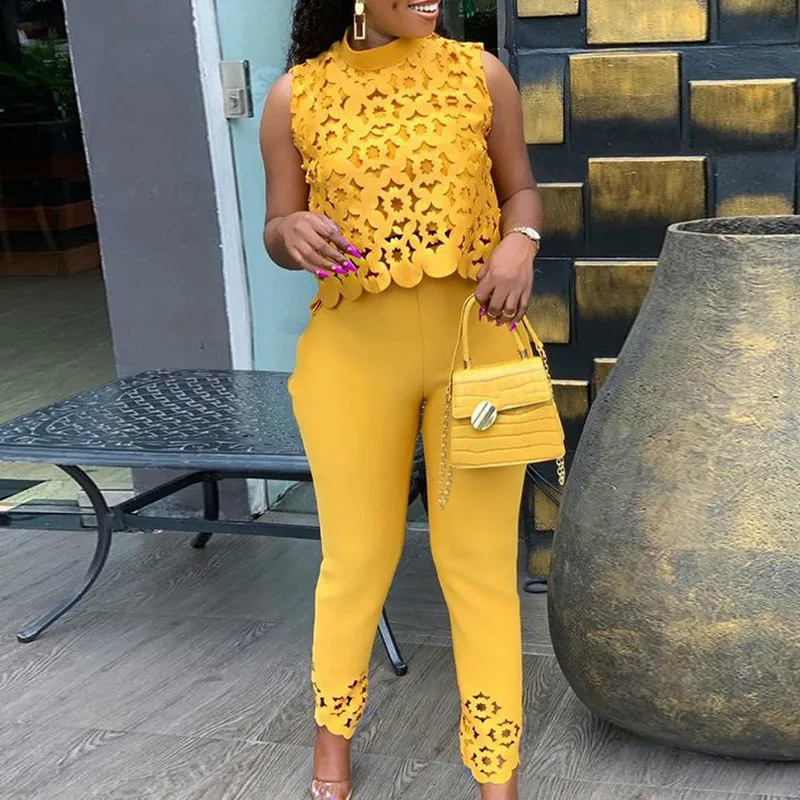 Высокая шея Кружева выдалбливают топы и брюки набор женщин 2 шт наряды | Женская