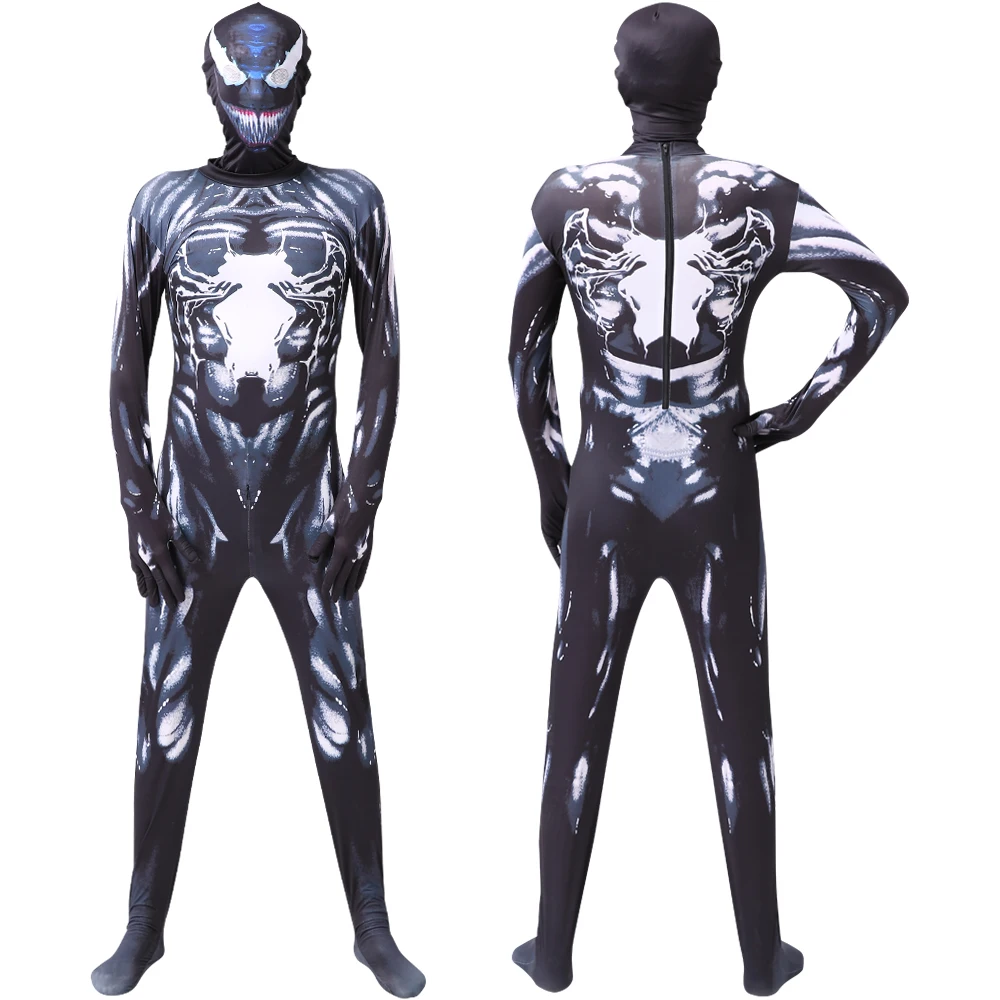 

Halloween Anime Kids Venomboy Adult Costume Attached Mask Cosplay Super Heroes Black Castle Party Jumpsuit Bodysuit