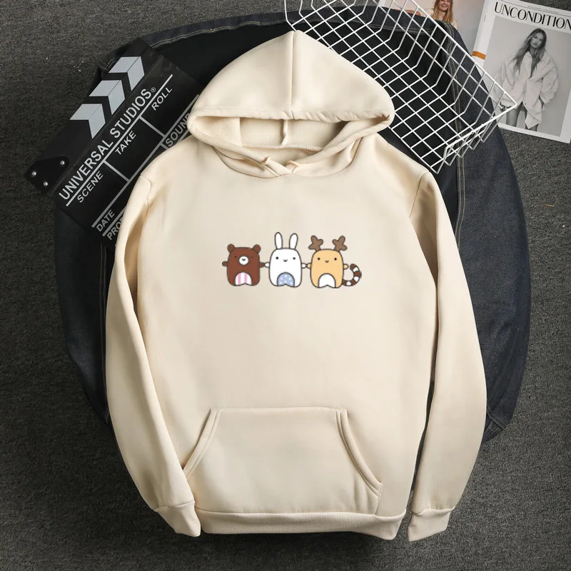 

New Candy Colors Harajuku Style Japan Korean Sweatshirt Kawaii Cartoons Three Little Animals Print Pattern Fleece Women Hoodies
