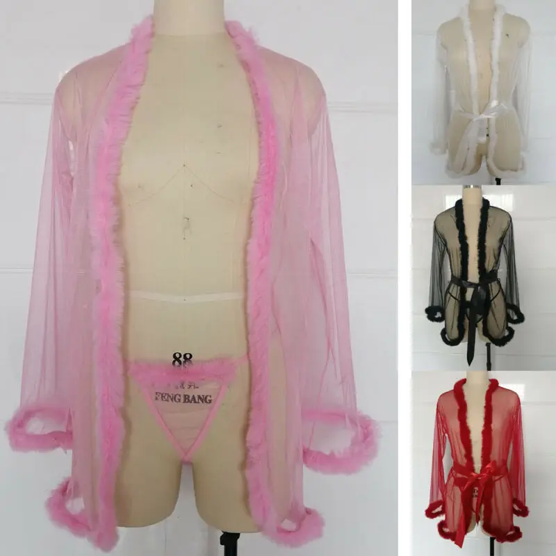 3pcs Women Sexy Lingerie Babydoll Long Sleeve Feather Robes and G-String Sets with Belt Ladies Underwear Nightwear Exotic | Тематическая
