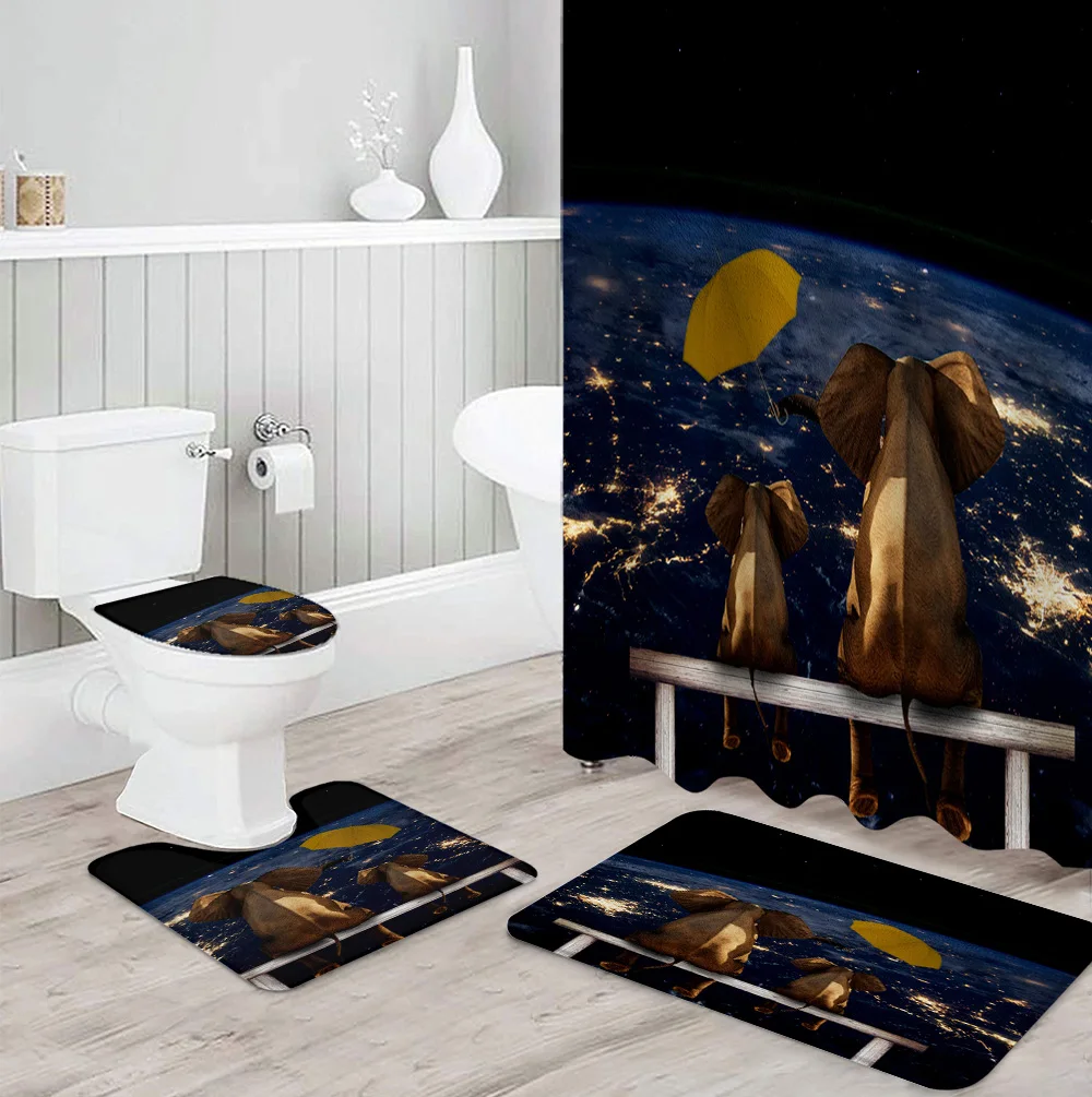 Elephant Watching The Earth Umbrella Shower Curtain Bathroom Waterproof Decor and Rug Sets | Дом и сад