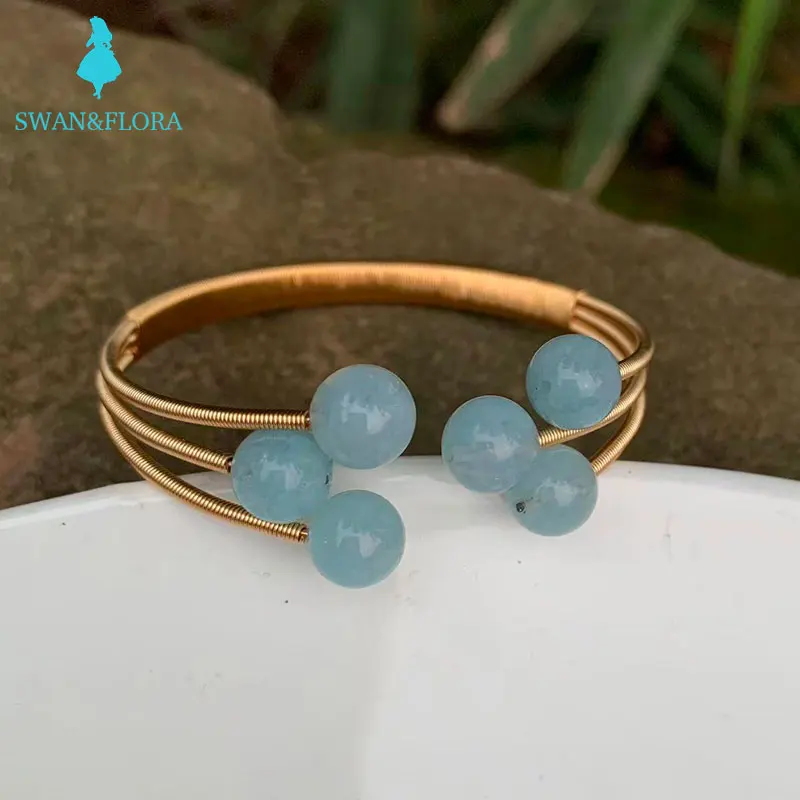 

Natural Aquamarine Crystal Handmade Bracelet Bangle Gem Lucky Bracelet Charm Jewelry