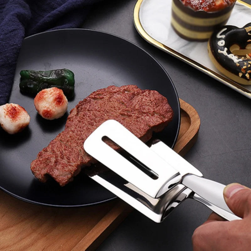 

Multifunctional Stainless Steel Food Flipping Steak Clamps Spatula Spatula Tongs Clip Beefsteak 3-in-1 Cooking Tong Double Sided