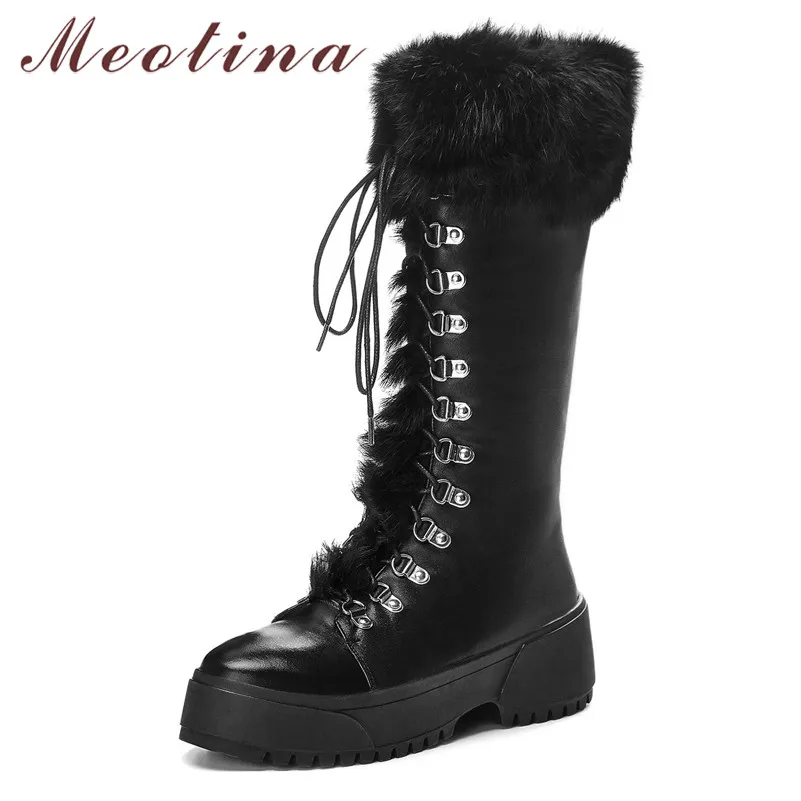 Женские плюшевые сапоги Meotina зимние из натуральной кожи на плоской платформе до