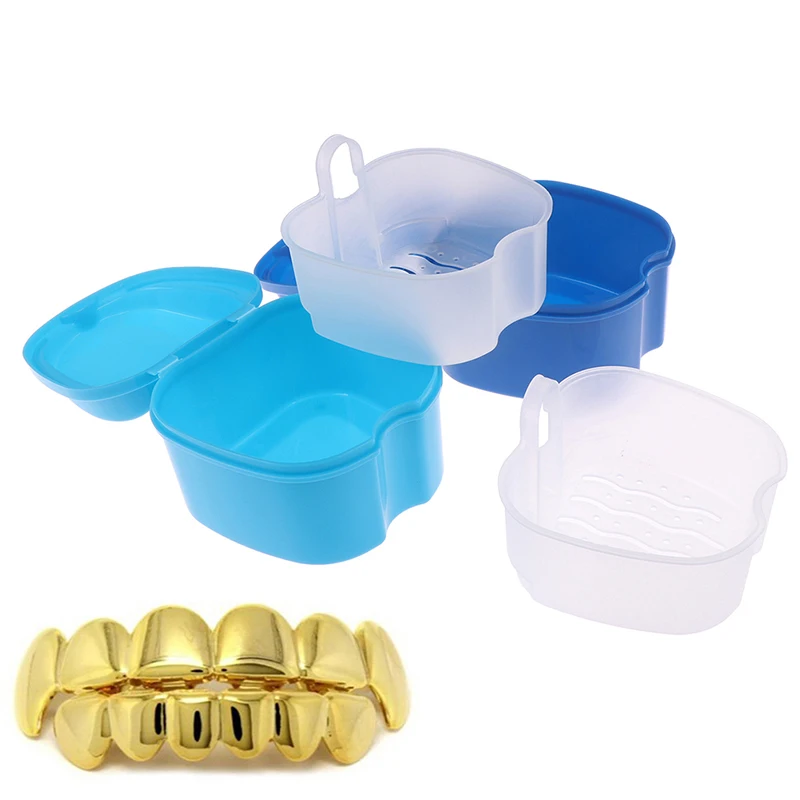 

Denture Bath Box Cleaning Teeth Case Dental Retainer Denture Storage Box With Hanging Net Container Denture Boxs 1pcs