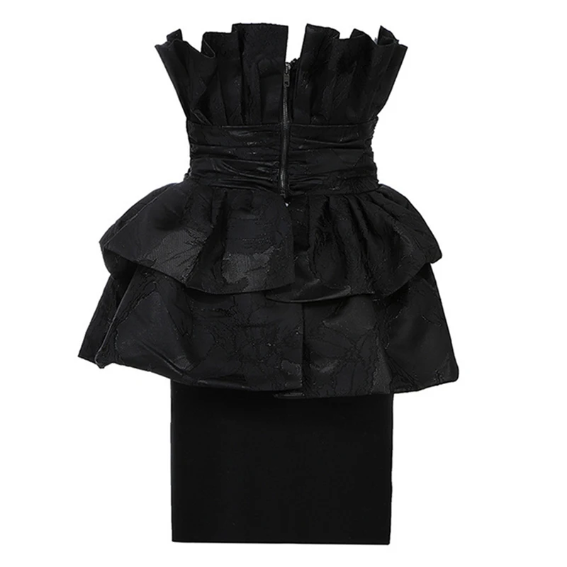 

GALCAUR Black Women's Two Piece Set Strapless Sleeveless Patchwork Ruffles Lace Top High Waist Slim Skirt Sexy Sets 2021 Clothes