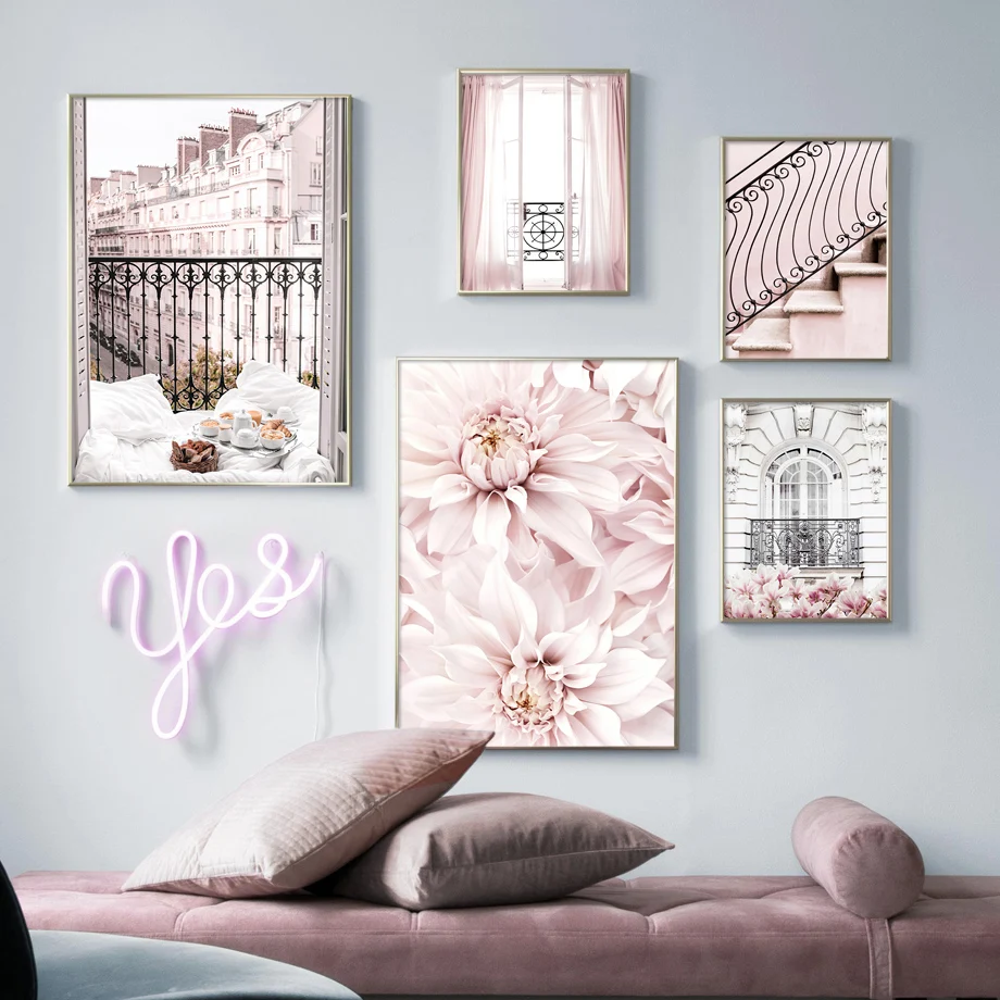 

Pink Flowers Paris Windows Balcony Tower Wall Art Canvas Painting Nordic Posters And Prints Wall Pictures For Living Room Decor