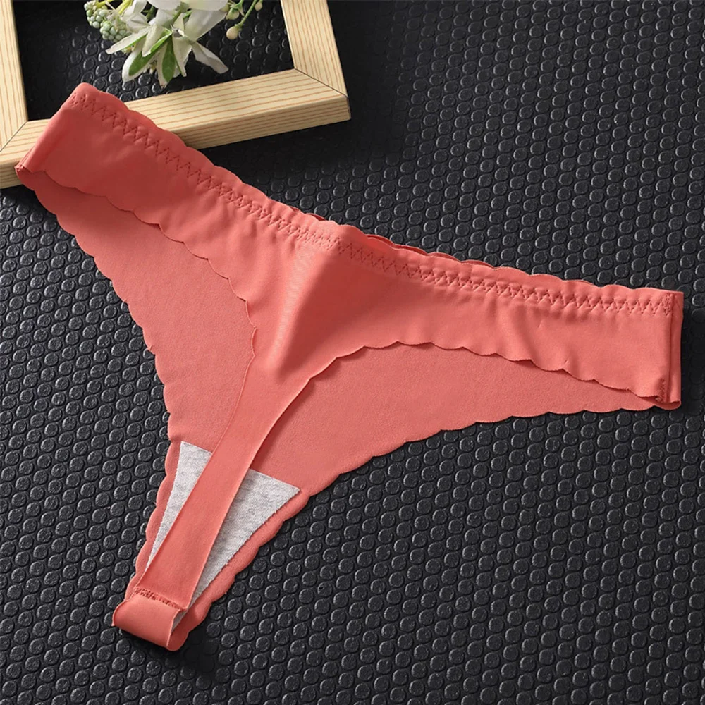 

2021 New Ice Silk Seamless Panties Woman Sports Underwear Ruffle Solid Color Soft Female T-back Female Breathable Sexy Thong