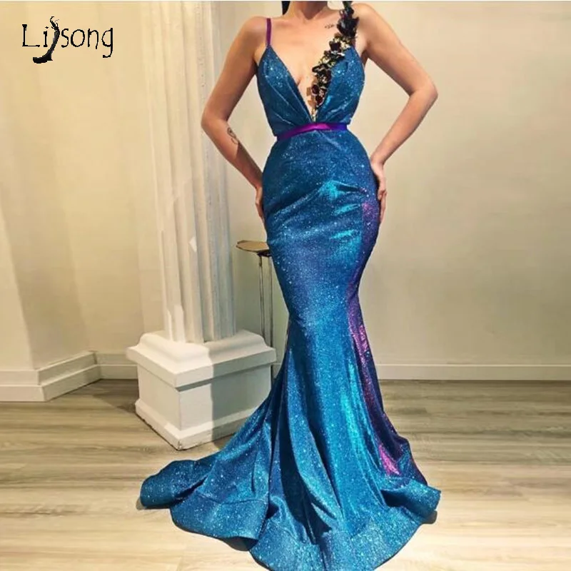 

Robe De Soiree 2019 Sparkly Sequins Long Evening Gowns Mermaid Sexy Deep V neck Spaghetti Strap Arabic Women Prom Party Dresses
