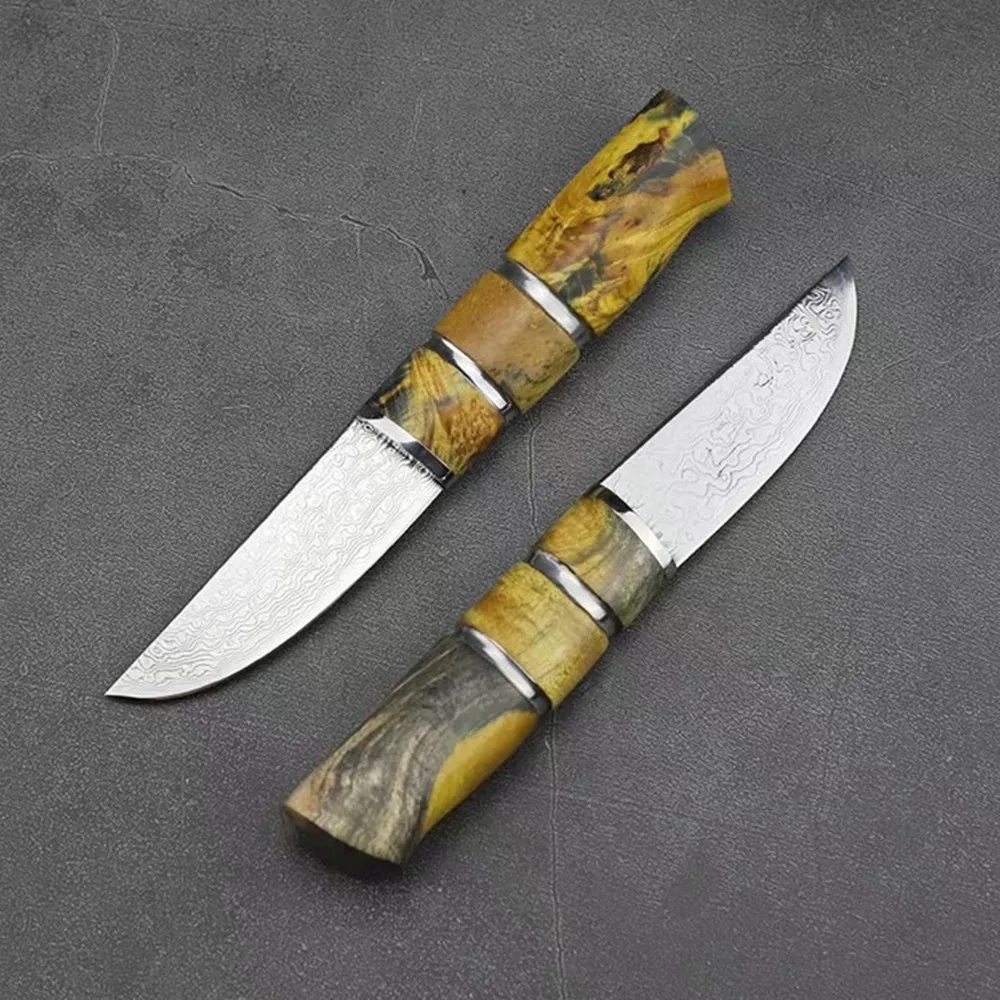 Дамасская сталь Открытый тактика прямой нож Желтый hilt край охотничий