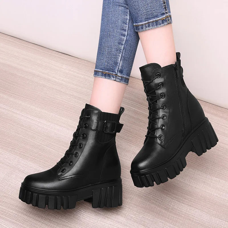 Women Shoes Genuine Leather New Chelsea Boots British Style Winter Short Boots Height Increasing Thick Bottom Boots Woman M0014