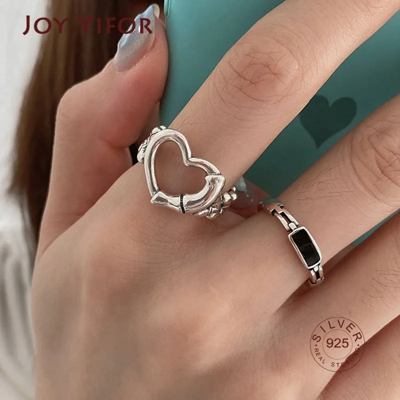 

925 Sterling Silver Finger Rings For Women Couples New Fashion Creative Hollow LOVE Heart Chain Geometric Bride Jewelry