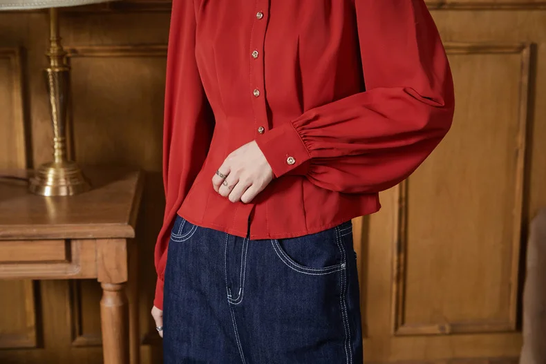 

Spring Autumn Women Shirts Fashion Korean Red Color Office Lady Woman Blouses Solid Long Lantern Sleeve Shirt Casual Ladies Tops