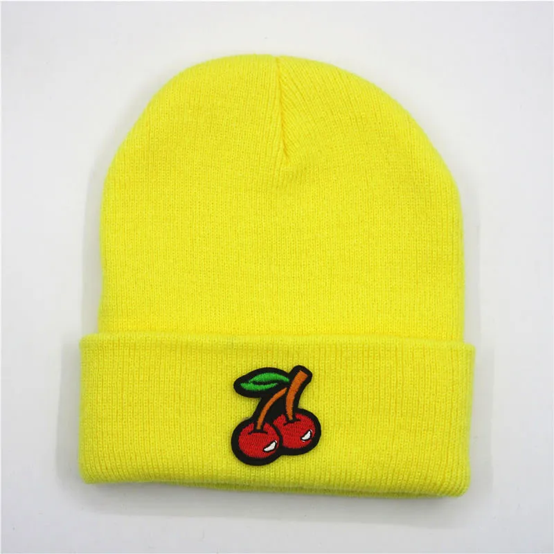 

Cotton Cherry Fruit Embroidery Thicken Knitted Hat Winter Warm Hat Skullies Cap Beanie Hat for Men and Women 183